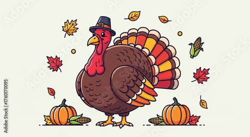 A cheerful cartoon turkey adorned with a pilgrim hat, surrounded by autumn leaves and pumpkins, embodying the spirit of thanksgiving