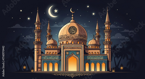 A beautifully designed mosque stands majestically under the night sky, illuminated by a crescent moon and twinkling stars, a symbol of faith and serenity