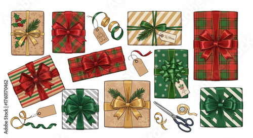 A delightful assortment of beautifully wrapped christmas gifts, each adorned with festive ribbons and tags, , ready to bring joy and cheer