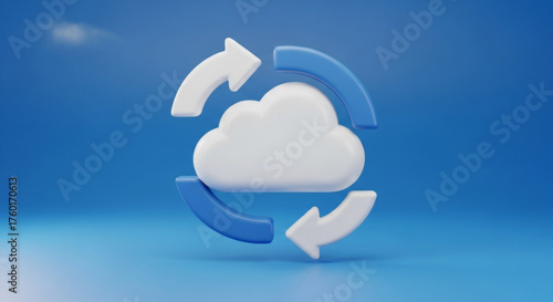 Cloud computing concept featuring a white cloud icon surrounded by blue and white arrows, symbolizing data transfer and synchronization on a blue background