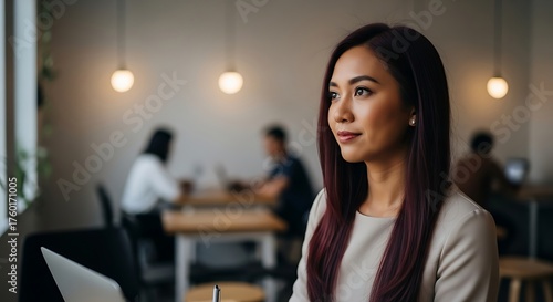 Wallpaper Mural A thoughtful Asian businesswoman with long hair looking away while working in a modern, brightly lit office space. Torontodigital.ca