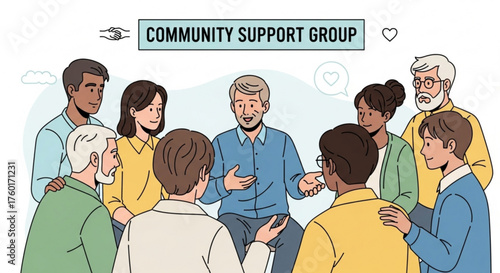 Community support group illustration with diverse people standing in circle sharing feelings and supporting each other, mental health and emotional support