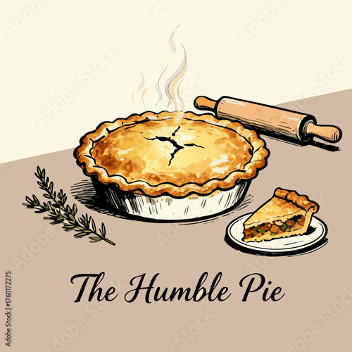 Homemade Humble Pie with a Slice, Rolling Pin, and Rosemary Sprig, Evoking Comfort and Tradition in a Cozy Kitchen Scene