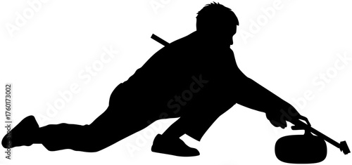Silhouette of a curler sliding and pushing a stone on ice
