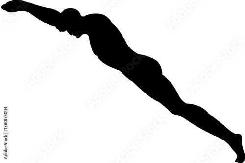 Silhouette of a swimmer diving into water with arms extended forward
