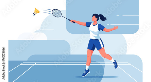 Badminton player in action hitting shuttlecock with racket during game.