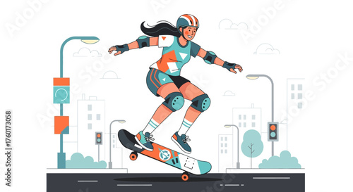 Skateboarder Performing Trick in Urban Setting with Protective Gear.