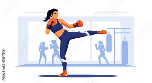 Woman Practicing Kickboxing in Gym with Punching Bags and Other People.