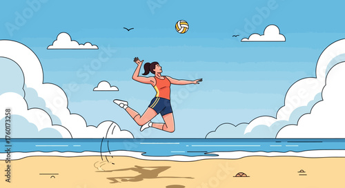 Athletic woman in mid-air spiking a volleyball during a game.