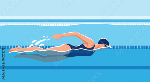 Woman swimming freestyle in a clear blue swimming pool.
