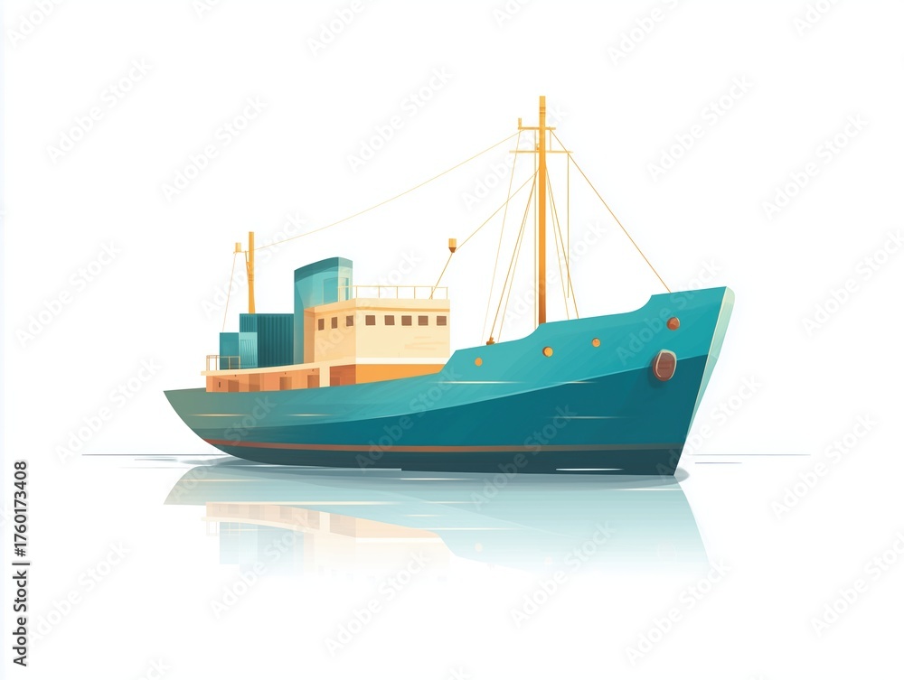 Fototapeta premium Flat Illustration of Teal Cargo Ship on Calm Sea