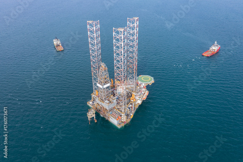 Aerial view of offshore jack up rig and offshore platform for oil and gas exploration and production