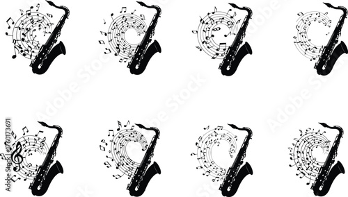 Saxophone silhouette vector set with musical notes, jazz instrument icons, black clipart design, isolated on white background for music themes