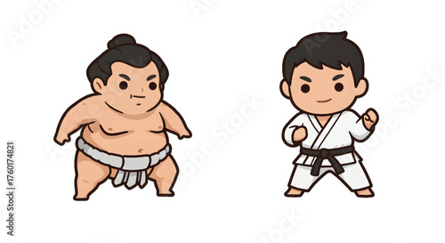 Cute Cartoon Sumo Wrestler and Karate Fighter Characters.