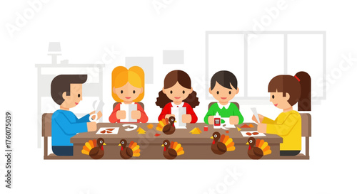 Group of children crafting at a table with turkey decorations.