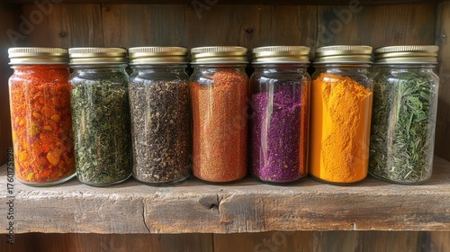 Fototapeta Naklejka Na Ścianę i Meble -  Colorful spice jars on wooden shelf