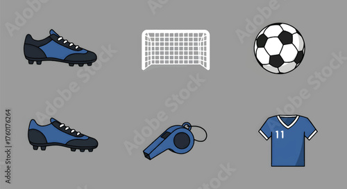 A collection of soccer equipment and football gear icons.