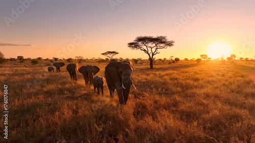 Majestic elephant herd walking across the vast savannah plains at golden hour, aerial tracking shot wide shot, natural world, wildlife