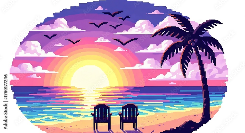 Obraz premium Pixelated paradise: Two chairs on a beach at sunset with palm tree and birds