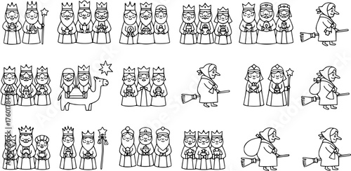 Line Art Collection of Three Kings Magi and Italian Befana Witch for Epiphany Holiday