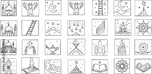 Hand-Drawn Ramadan and Eid Al-Fitr Doodle Icons Set. Islamic religion, culture, and holy month symbols collection featuring mosques, crescent moons, stars, and Quran.