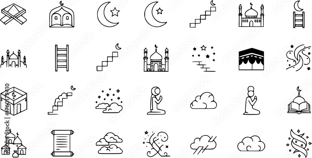 Φωτογραφία Islamic Spirituality Line Art Icons: Mosque, Kaaba, Quran, Crescent Moon, Praying Figure, Heavenly Elements, and Spiritual Journey Symbols Vector Set