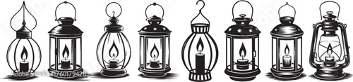 “Collection of vintage metal lanterns with glowing candles in a row, retro oil lamp set for Ramadan, Christmas, or home décor, black and white line art illustration on white background”