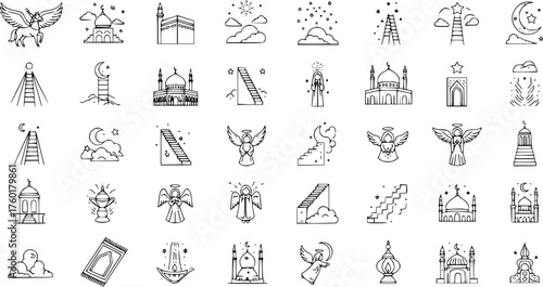 Diverse spiritual  Islamic line icons: mosques, angels, Kaaba, heavenly stairs, celestial elements like moon, stars, sun,  clouds. Doodle style for faith  ascension concepts.