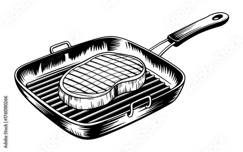 Detailed hand-drawn black and white illustration of a steak cooking on a grill pan