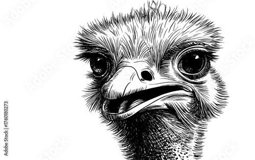 Close-up of an ostrich head with open beak and expressive eyes