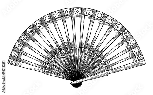 Vintage black and white sketch of an open folding hand fan, traditional accessory symbolizing elegance, culture, and summer breeze.