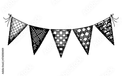 hanging triangular bunting flags with different patterns, representing decoration, celebration, parties, and festive occasions for joyful events.