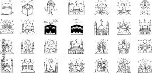 Hand-drawn religious icons set: Kaaba, mosques, angels, and spiritual symbols for Islamic holidays and worship.