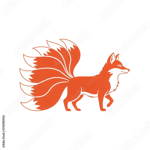 Stylized orange fox with multiple tails isolated on transparent background isolated on white background