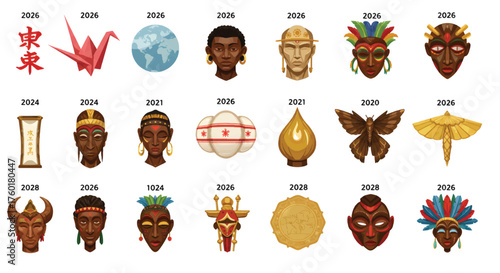 Collection of diverse cultural masks and symbols representing various traditions and art.