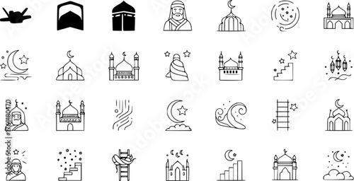 Outline Islamic  Ramadan Icons. Collection of Muslim Symbols: Mosques, Kaaba, Crescent Moon, Stars, Prayer, Hajj, and Spiritual Journey Elements.