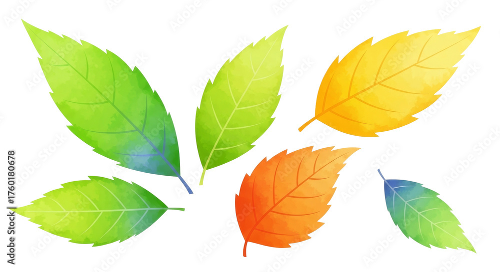Obraz premium Vibrant Watercolor Autumn Leaves Collection Fall Foliage Green Yellow Orange