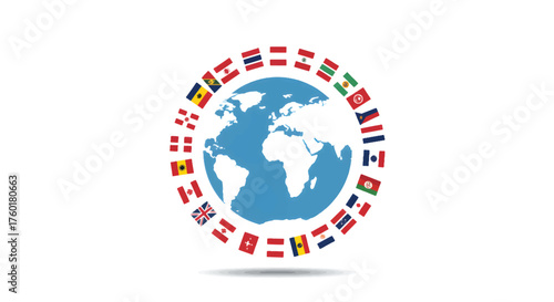 Planet Earth globe surrounded by a circle of international flags.