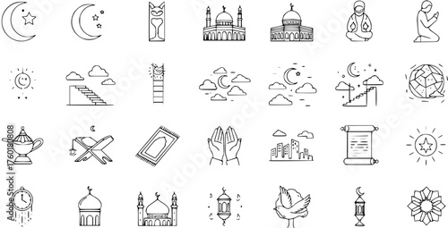 Islamic and Ramadan Line Art Icons Set. Collection of Hand-Drawn Muslim Religious Symbols, Mosques, Prayer Elements, and Holy Month Concepts in Outline Style.