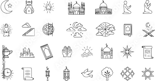 Ramadan Kareem and Islamic Religion Outline Icons Set. Spiritual symbols, mosque, holy book, moon, star, prayer, nature, and cultural elements.