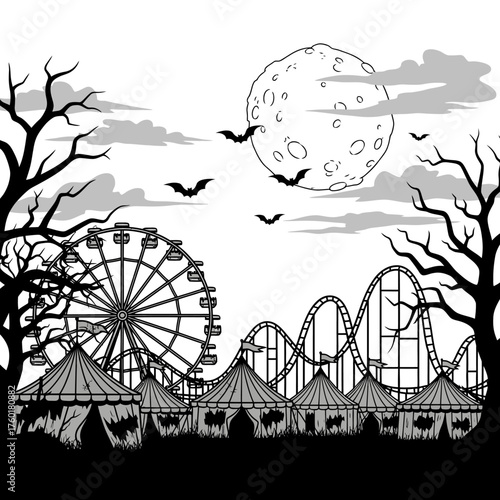 Creepy Carnival Scene with Ferris Wheel Roller Coaster and Tents.
