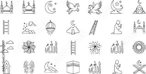 Hand-drawn Islamic line art icons with mosques, crescent moon, stars, Allah calligraphy, praying person, Kaaba, Buraq, and lanterns.