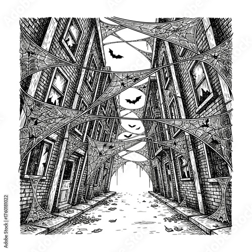 Spooky alleyway with cobwebs and bats creating a Halloween atmosphere.