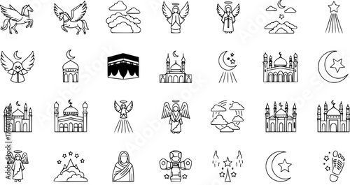 Line Art Icons: Spirituality, Islam, Angels, Mosques, Kaaba, Crescent Moon, Stars, Pegasus. Outline Vector Set for Religious and Celestial Themes.