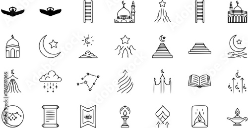 Islamic  Spiritual Line Art Icon Set: Featuring Mosques, Crescent Moon, Stars, Ladders, Pyramids, Clouds, Constellations, Scrolls, Lamps, and Sacred Religious Symbols. Vector Graphics.