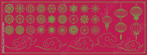 Asian Decorative Banner Set, Chinese Japanese Korean Patterns, Lanterns, Clouds, Moon Flowers, Oriental Line Art Ornaments, Traditional Folk Design Elements