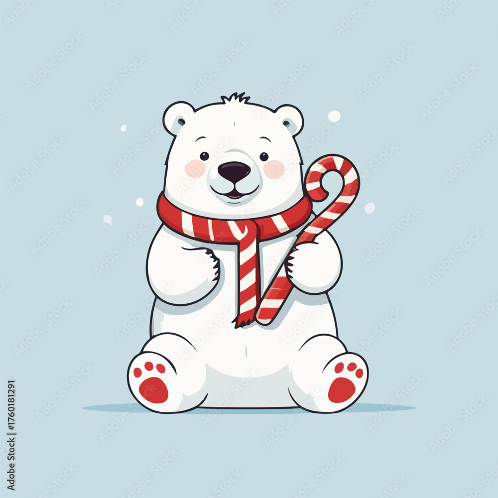 Fototapeta premium Doodle flat vector of polar bear holding candy cane