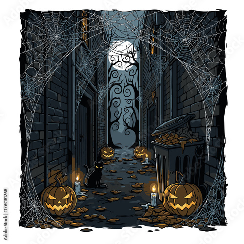 Spooky Black Cat and Jack O Lanterns in a Dark Alley.