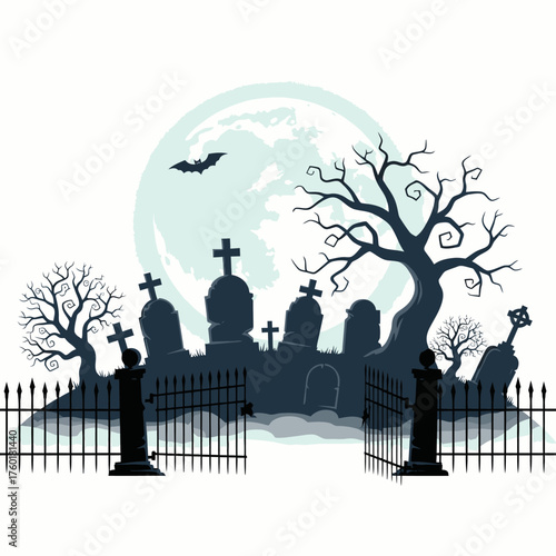 Spooky graveyard scene with tombstones under a full moon and bare trees.