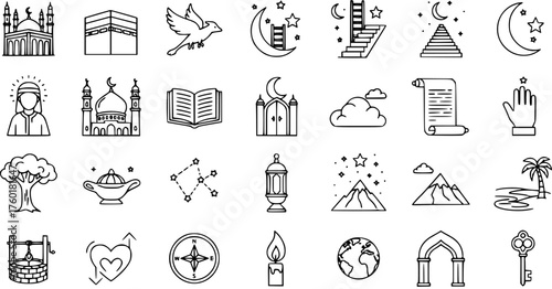 Hand Drawn Outline Icons Set: Islamic Faith, Spiritual Journey, and Nature Elements. Vector Illustration for Ramadan, Hajj, Eid, and World Exploration.